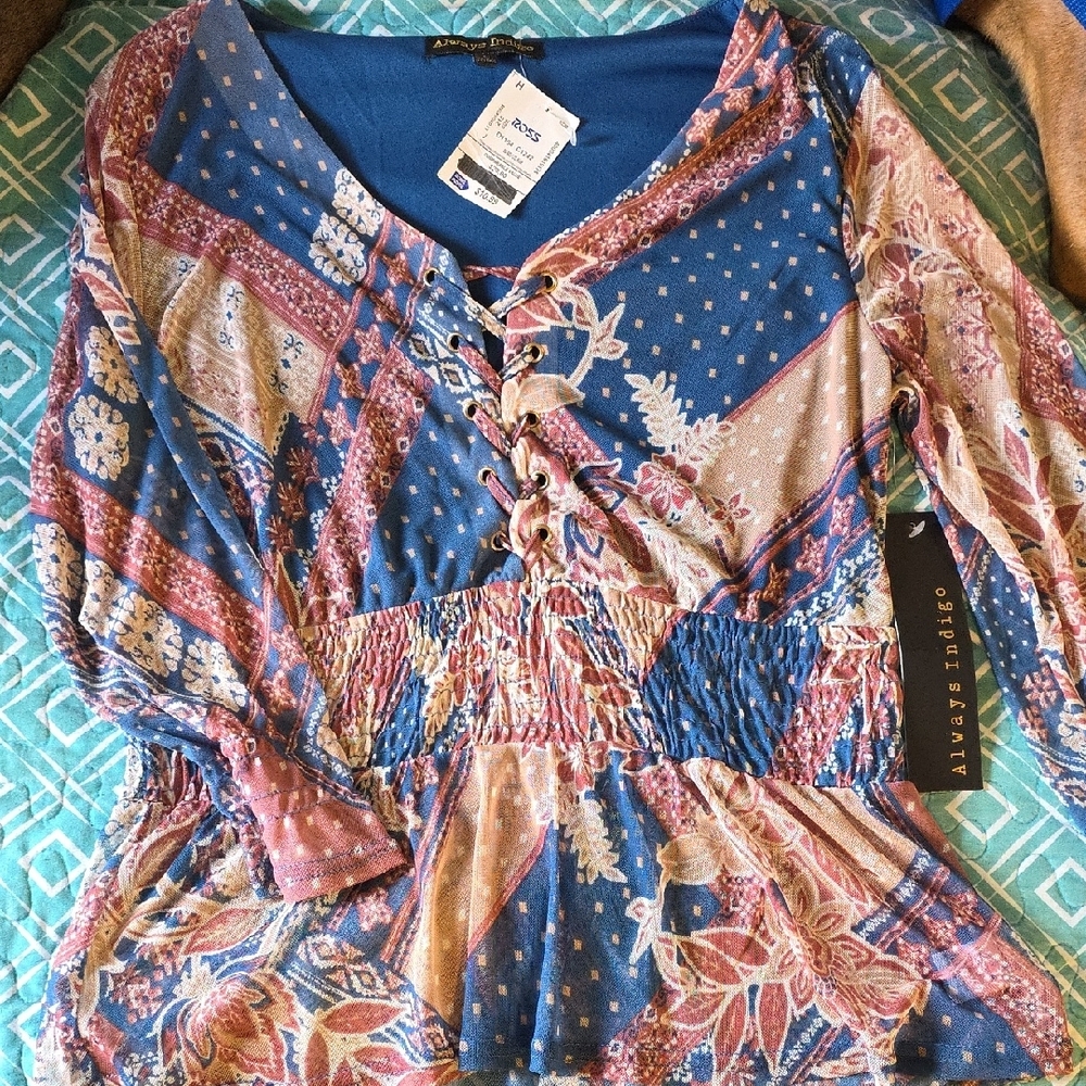 Pink and Blue Buttoned Blouse with Tie Front